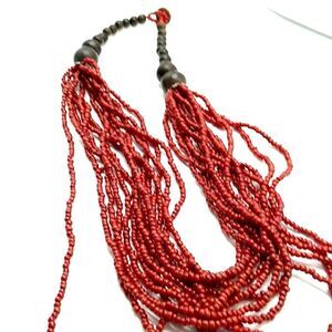 Multi-strand Red Seed & Dark Graduating Wood Beaded Necklace Button Closure